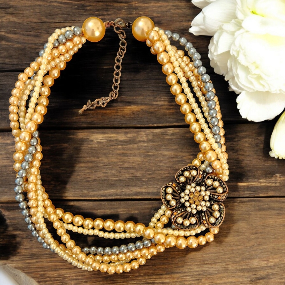 Vintage Handcrafted Multistrand Faux Pearl W/ Flower Statement Necklace